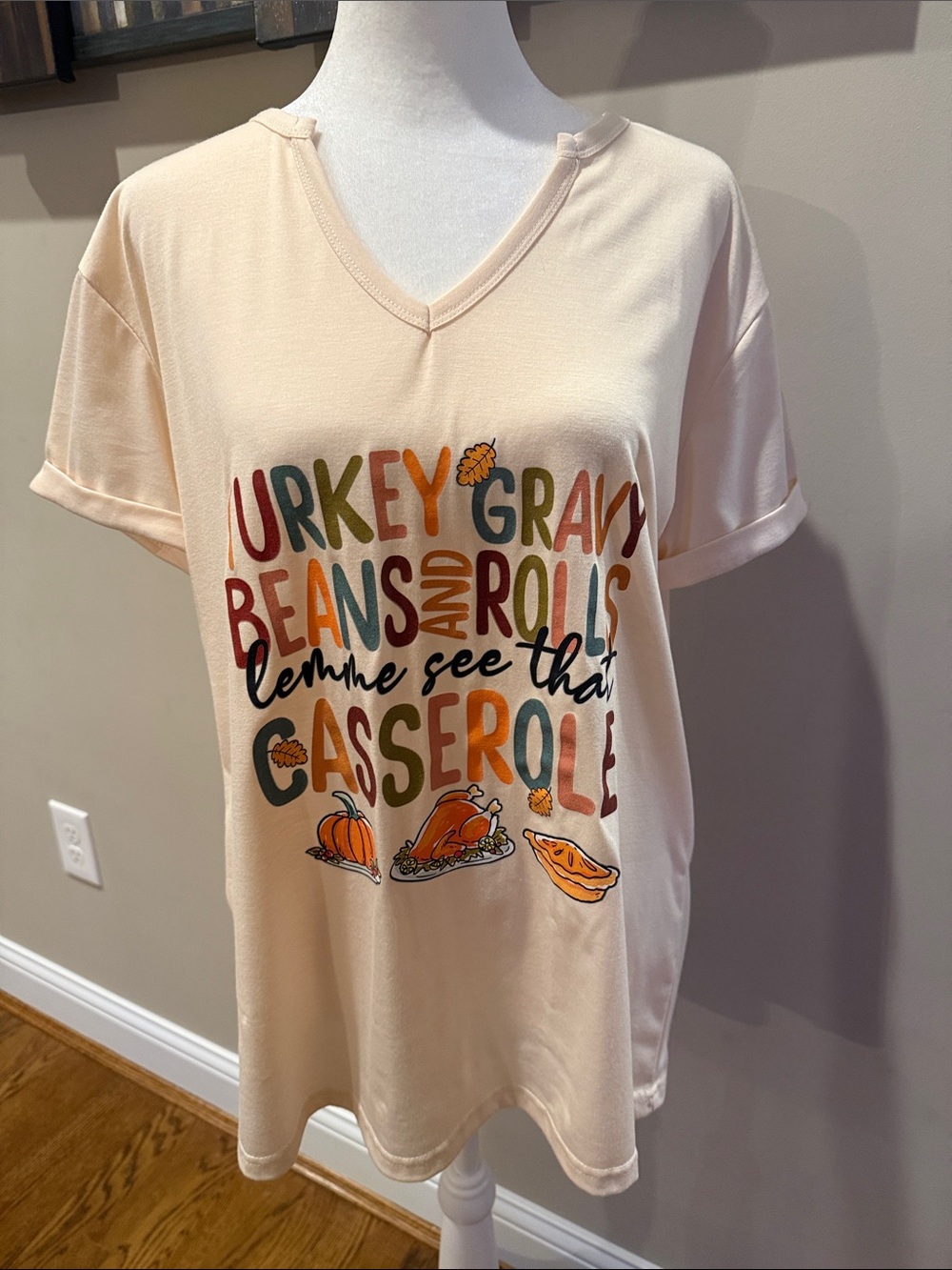 Thanksgiving Graphic V-Neck Tee — Cream with Multicolor Print